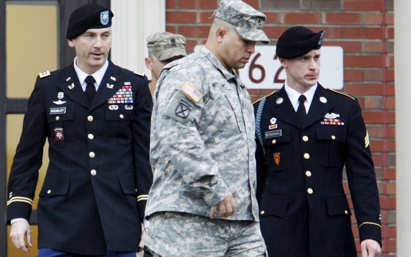 U.S. Army Sergeant Bowe Bergdahl leaves the courthouse with one of his defense attorneys Lt. Col. Franklin Rosenblatt, after an arraignment hearing for his court-martial in Fort Bragg North Carolina