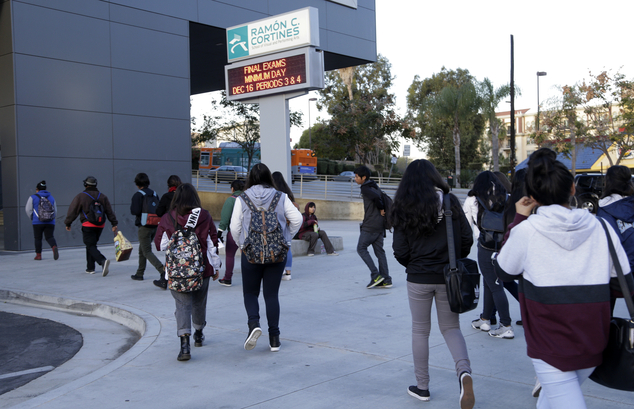 Students arrive at the Ramon C. Cortines School of Visual and Performing Arts in downtown Los Angeles on Wednesday Dec. 16 2015. Students are heading back