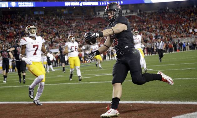 Stanford running back Christian Mc Caffrey celebrates a touchdown which was called back due to a penalty during the Pac-12 Conference championship NCAA college football game against Southern California in Sant