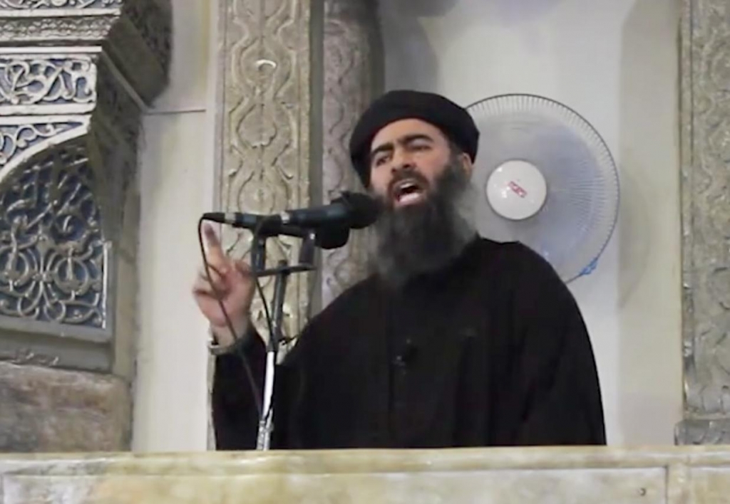 Abu Bakr al-Baghdadi delivering a sermon at a mosque in Iraq