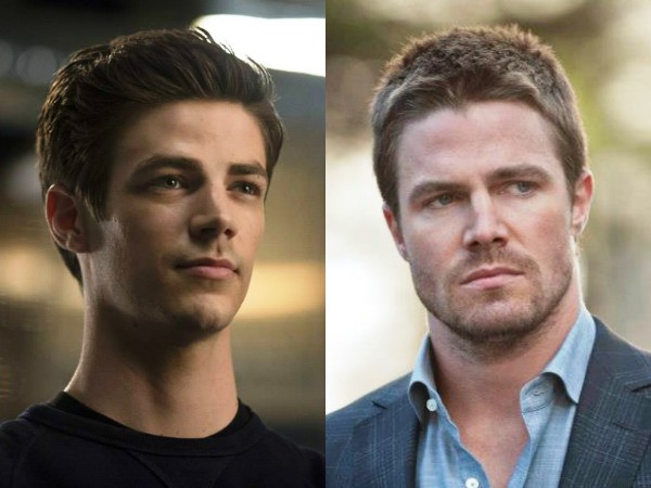 Grant Gustin as Barry Allen and Stephen Amell as Oliver Queen