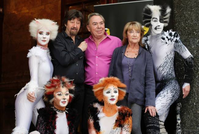 British composer Andrew Lloyd Webber center director Trevor Nunn left and choreographer Gillian Lynne center right pose for