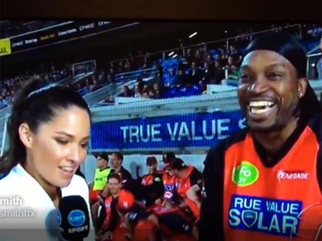 Chris Gayle is interviewed by Mel McLaughlin