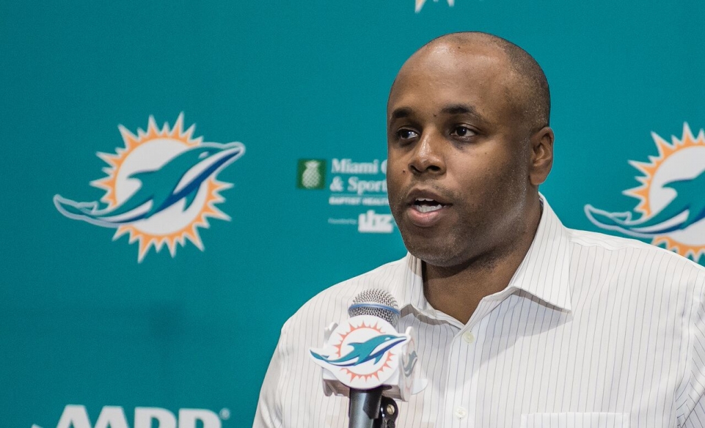 New Miami Dolphins general manager Chris Grier meets with the media for the first time in his new role at the team's practice facility in Davie Florida