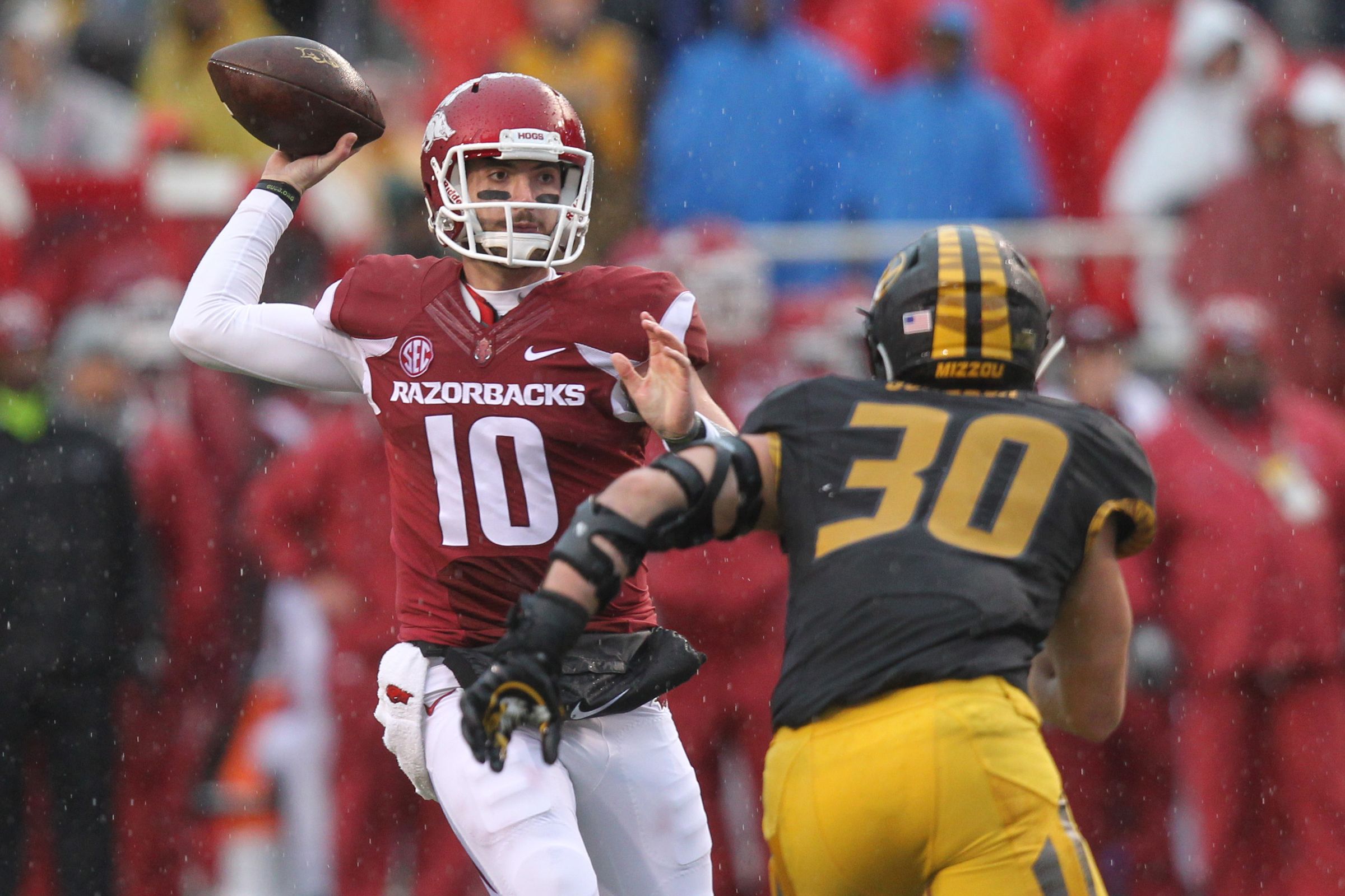 Doc says this guy in November looked like the best quarterback to ever play for Arkansas. Uh-oh.- Nelson Chenault-USA TODAY Sports