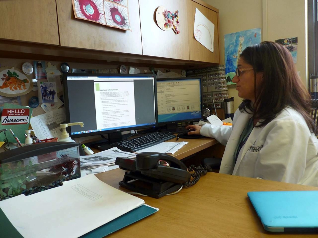 Dr. Mona Hanna-Attisha director of pediatric residency at Hurley Childrens Hospital in Flint Mich. works at her desk Jan. 2 2016. The hospital is where more than 2,000 children have been tested for lead since the water switch was made in 2014. Safe