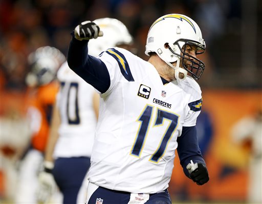 San Diego Chargers quarterback Philip Rivers celebrates after wide receiver Tyrell Williams scored during the second half in an NFL football game against the Denver Broncos Sunday Jan. 3 2016 in Denver