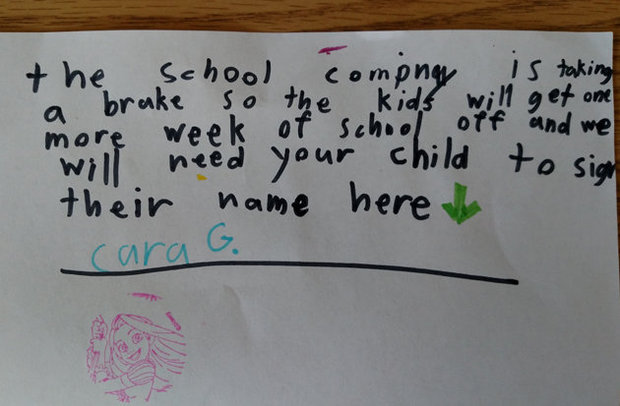 The letter was written by a seven-year-old trying to get off school