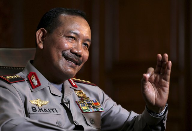 Indonesia's national police chief Badrodin Haiti speaks with Reuters during an interview at police headquarters in Jakarta