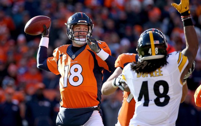 Peyton Manning completed passes for 22 yards Sunday in leading the Broncos to the AFC Championship Game with a victory over Pittsburgh