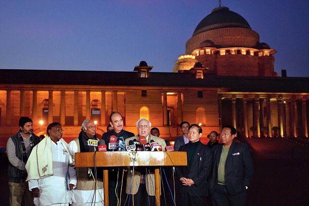 Congress leaders Mallikarjun Kharge Ghulam Nabi Azad Kapil Sibal V Narayanasamy and Arunachal CM Nabam Tuki address the media after meeting President Pranab Mukherjee