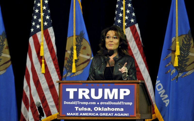 Former U.S. Republican vice presidential candidate Sarah Palin speaks to supporters of Donald Trump at a campaign rally at Oral Roberts University in Tulsa Oklahoma