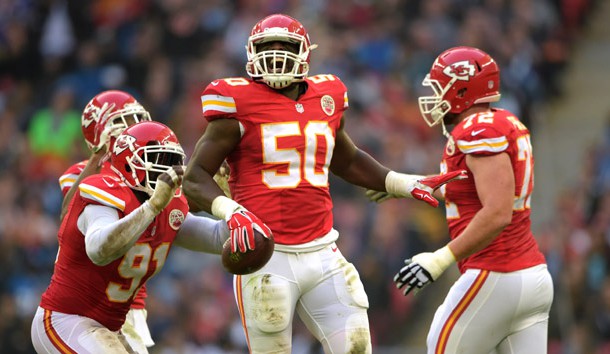 Nov 1 2015 London United Kingdom Kansas City Chiefs linebacker Justin Houston celebrates with teammates Tamba Hall and Eric Fisher after intercepting a pass in the second quarter against the Detroit Lions during game 14 of the NFL Inter