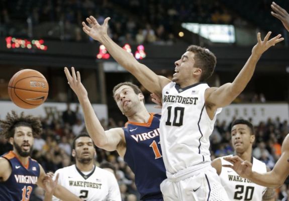 Wake Forest's Mitchell Wilbekin right is fouled