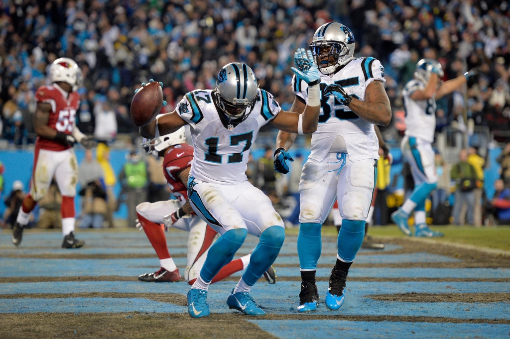 Panthers receiver Devin Funchess left celebrates a touchdown in the fourth quarter against the Arizona Cardinals during the NFC Championship Game at Bank of America Stadium in Charlotte North Carolina on Jan. 24 2016