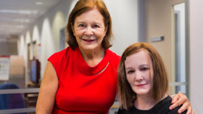 Professor Nadia Thalmann and her robot doppleganger Nadine