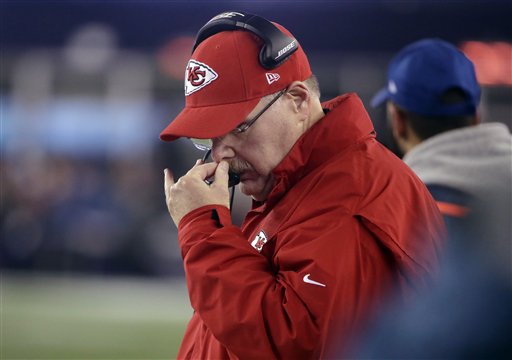 Kansas City Chiefs head coach Andy Reid stands on the sideline near the end of the in the second half of an NFL divisional playoff football game against the New England Patriots Saturday Jan. 16 2016 in Foxborough Mass