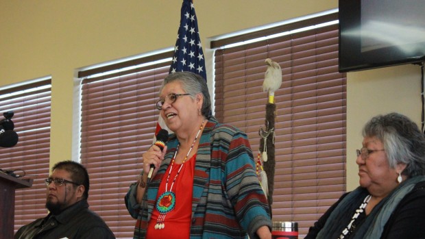 Burns Paiute tribal chair Charlotte Rodrique talks to reporters about the armed occupation of the Malheur National Wildlife Refuge near Burns Ore. on Wednesday