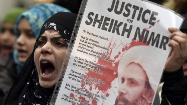 Protesters denounce Saudi Arabia's execution of Shia cleric Sheikh Nimr al Nimr outside the Saudi Embassy in London on Monday. Documents obtained by CBC News suggest that at the time of al-Nimr's sentencing in 2014 Canadian diplomats did not expe