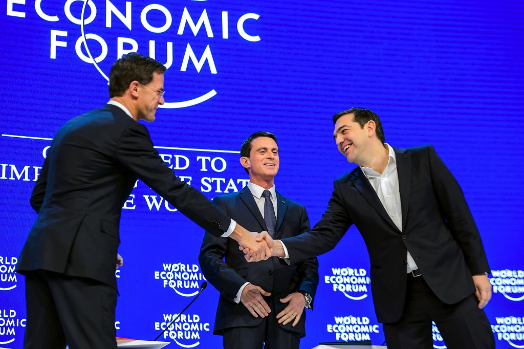 20160121Davos From left Dutch Prime Minister Mark Rutte French Prime Minister Manuel Valls and Greek Prime Minister Alexis Tsipras greet each other before a session at the World Economic Forum on Thursday in Davos Switzerland