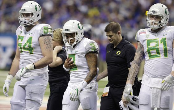 Adams Jr. is walked off the field after he was injured during the first half of the Alamo Bowl NCAA college football game against TCU Saturday Jan. 2 2016 in San Antonio