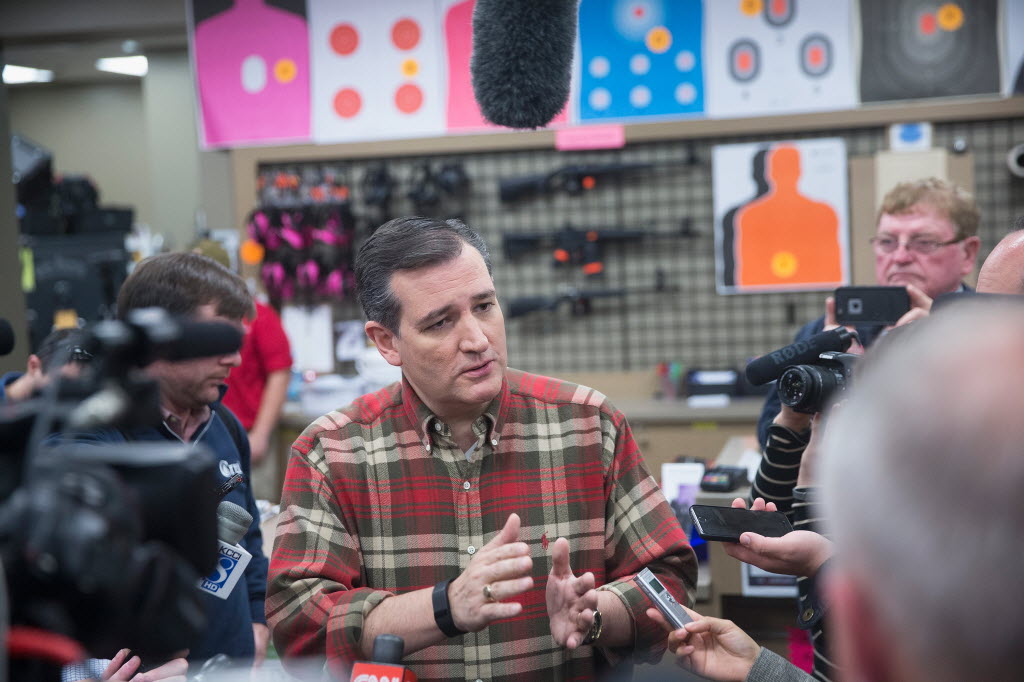 Sen. Ted Cruz speaks to the press during a campaign event at Cross Roads Shooting Sports gun shop and range on Dec. 4 2015 in Johnston Iowa