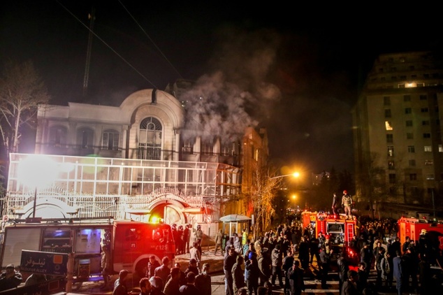 Iranian protesters set fire to the Saudi Embassy in Tehran during a demonstration against the execution of prominent Shiite Muslim cleric Nimr al Nimr by Sau