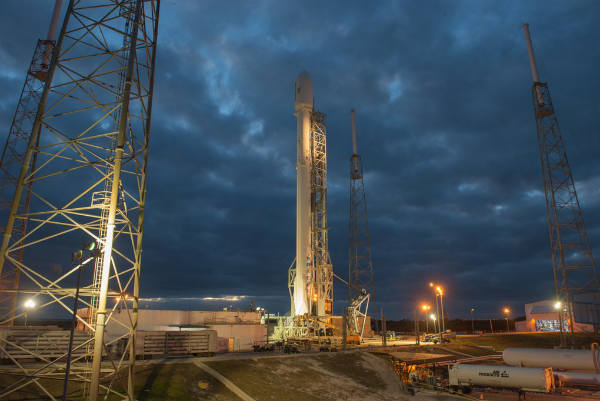 The Falcon 9 rocket sits on the launchpad at Cape Canavarel