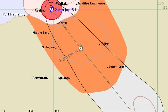 Tropical Cyclone Stan crossing the Pilbara coast as a category 2 cyclone