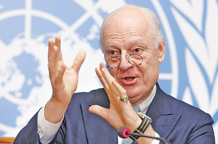 Geneva: UN Special Envoy of the Secretary General for Syria Staffan de Mistura informs the media on the Intra Syrian Talks at a press conference at the European headquarters of the United Nations on Monday.—AP