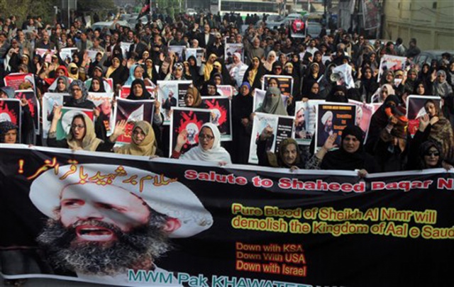 Shiite Muslims take part in a rally to condemn the execution of Saudi Shiite cleric Sheikh Nimr al-Nimr Sunday Jan. 3 2016 in Lahore Pakistan. Saudi Arabia announced Saturday it had executed 47 prisoners convicted of terrorism charges including al-Qa