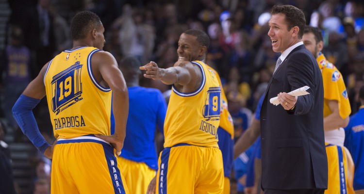 Oakland CA USA Golden State Warriors interim head coach Luke Walton talks to guard Leandro Barbosa and guard Andre Iguodala during the third quarter against the Los Angeles Lakers at Oracle Arena. The Warriors defeat