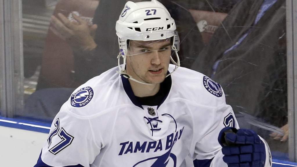 Tampa Bay Lightning left wing Jonathan Drouin celebrates after scoring the game-winning goal against the Florida Panthers in the third period during an NHL preseason hockey game Saturday Oct. 3 2015 in Sunrise Fla