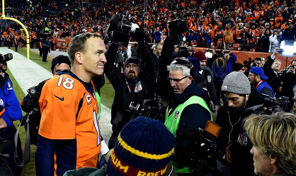 DENVER CO- JANUARY 17 Denver Broncos quarterback Peyton Manning smiles to the crowd after their win over the Pittsburgh Steelers 23-16