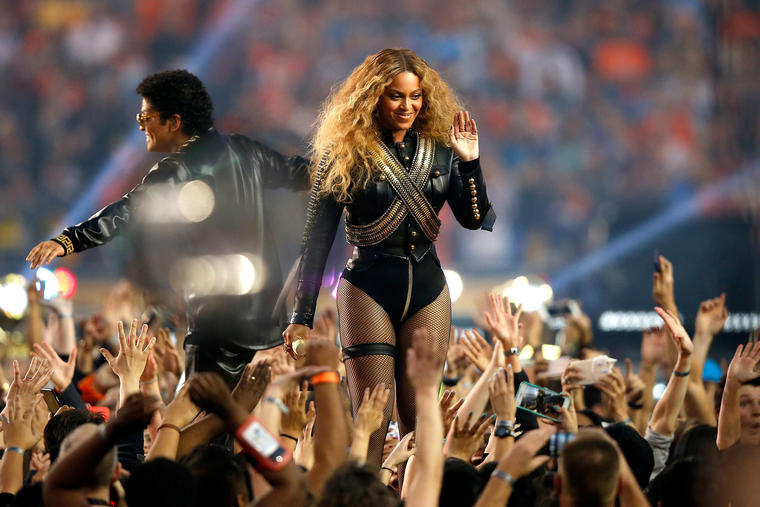 Beyonce and Bruno Mars perform during the Pepsi Super Bowl 50 Halftime Show at Levi's Stadium on Feb. 7 2016 in Santa Clara Calif