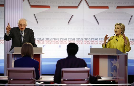 Sen. Bernie Sanders I-Vt and Hillary Clinton argue a point during a Democratic presidential primary debate at the University of Wisconsin-Milwaukee Thursday Feb. 11 2016 in Milwaukee