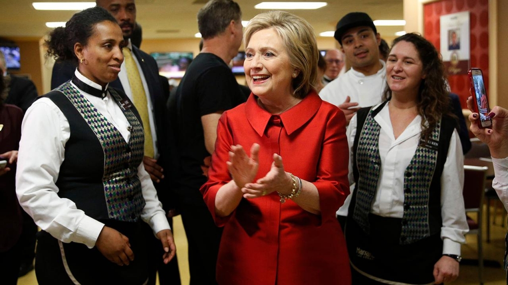 Democratic presidential candidate Hillary Clinton visits with Harrahs Las Vegas employees on the day of the Nevada Democratic caucus Saturday Feb. 20 2016