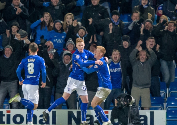 Chesterfield vs Scunthorpe- Sam clucas celebrates with Eoin Doyle as he puts Chesterfield into the lead against Scunthorpe in their fa cup replay- Pic By James Williamson