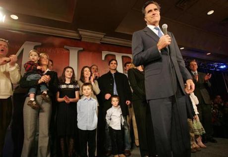 Bedford NH 100808 Gov. Mitt Romney tells a crowd of supporters he is happy with a silver after he lost to Sen. Mc Cain during the NH primaries