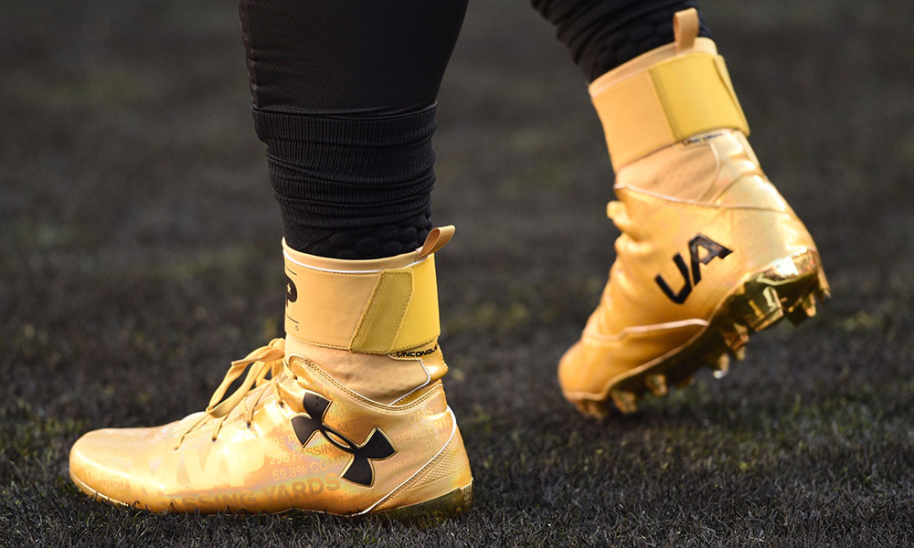 Feb 7 2016 Santa Clara CA USA General view of the gold shoes of Carolina Panthers quarterback Cam Newton prior to the game against the Denver Broncos in Super Bowl 50 at Levi's Stadium. Mandatory Credit Kyle Terada-USA TODAY Sports