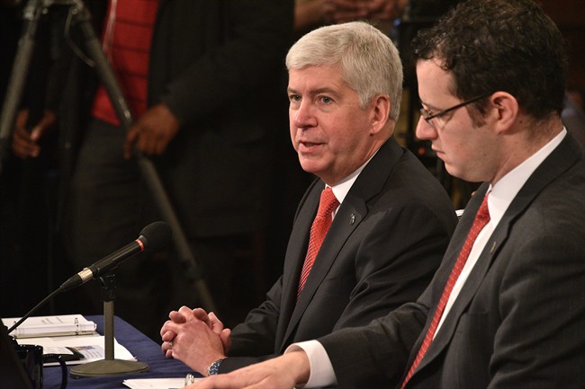 Governor Rick Snyder presents the budget to the combined House and Senate Appropriations committees in the Capitol in Lansing Mich. on Wednesday Feb 10 2016. The budget contains special funding for Flint's water problems and Detroit Public Schools. (D