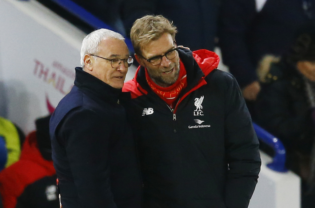 Liverpool manager Juergen Klopp speaks with Leicester City manager Claudio Ranieri at the King Power Stadium