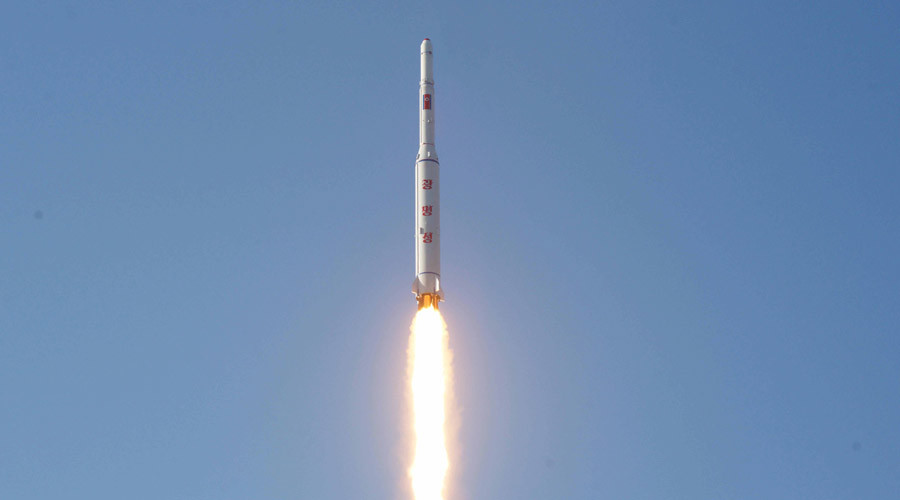 A N. Korean long-range rocket is launched from Sohae rocket launch site. Released by North Korea's Korean Central News Agency