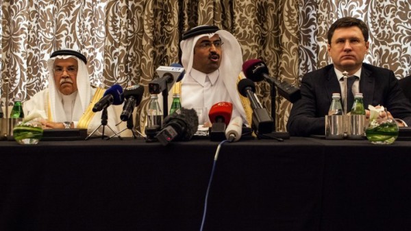 Qatari Energy Minister Saleh al Sada, speaks at a press conference with his Saudi and Russian counterparts