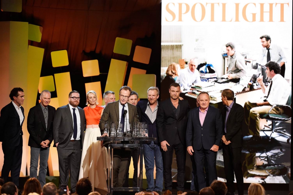 The cast and crew of “Spotlight” accept the award for best feature at the Film Independent Spirit Awards. Kevork Djansezian