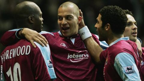 West Ham players celebrate scoring against Blackburn in 2006