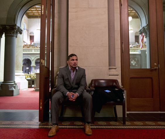 Mixed martial arts fighter Dennis Bermudez waits to visit Assembly Speaker Carl Heastie at the Capitol in Albany N.Y. The New York Assembly plans to vote this week on its ban on professional mixed martial