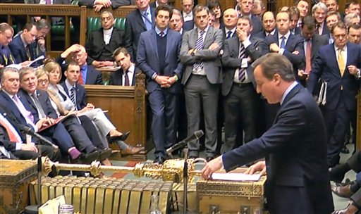 In this screen grab taken from video Britain's Prime Minister David Cameron addresses Members of Parliament in the House of Commons in London Monday Feb. 22 2016 to lay out his case for staying in the European Union. Uncertainty over Britain’s