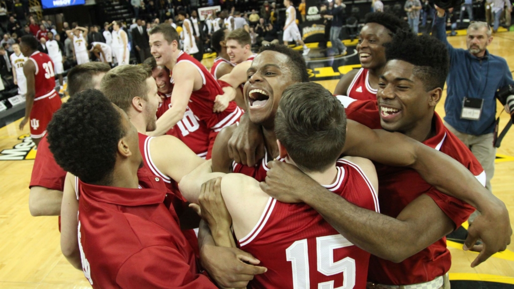 Hoosiers celebrate their Big Ten Championship after holding on for a win at Iowa