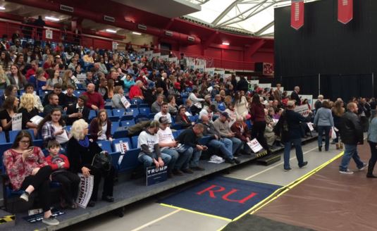 Hundreds of people waiting at Radford University’s Dedmon Center to hear Republican presidential candidate Donald Trump speak